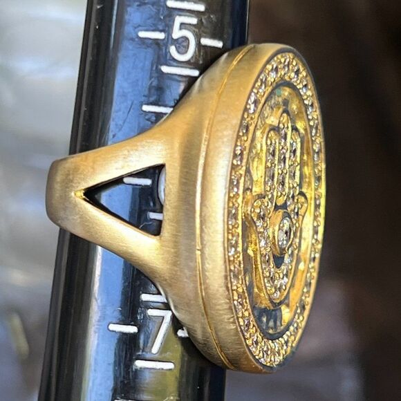 Sheila Fajl 18K Gold CZ Encrusted Hamsa/Evil Eye  Ring Size - Picture 12 of 14